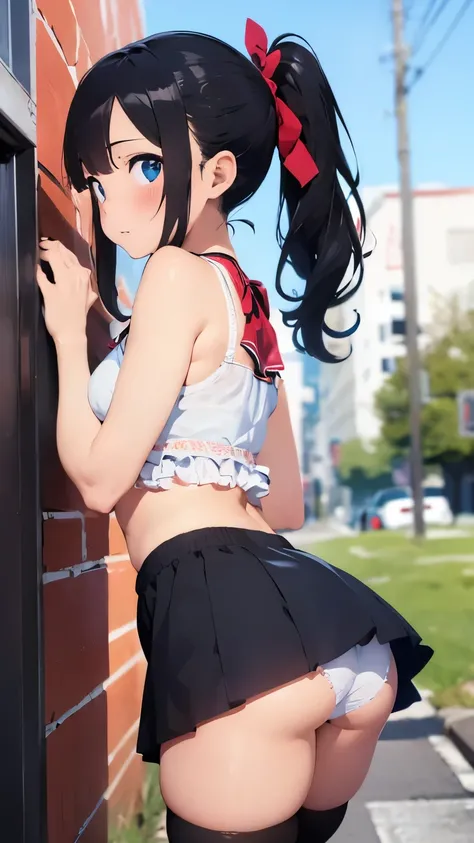 1girl ass black_hair black_socks blue_eyes blue_hair blush breasts cheerleader discreet_vibrator f-ism female_focus frilled_panties frills from_below hair_ribbon high_kick highres kicking kneehighs kneepits long_hair masturbation murakami_suigun object_ins...