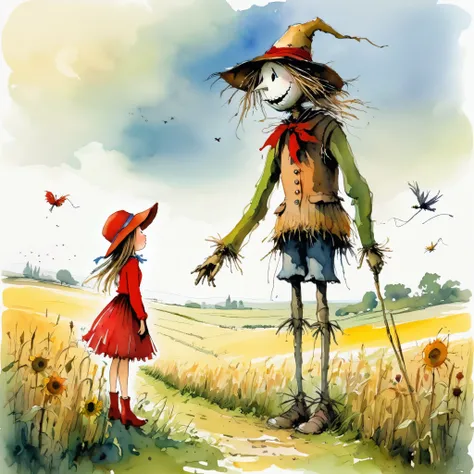 illustration of a girl talking to a scarecrow, Quentin Blake style, surreal, mysterious atmosphere, funny, cute, long hair, wearing a red jumper skirt, wearing a straw hat, in a field, super detailed, high quality, masterpiece