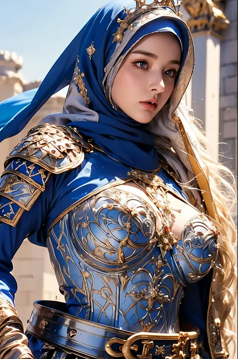 princess, ((((wearing the hijab)))), full armor with luxury pattern, crown luxury , blue eyes, blonde, around , (red and silver ...