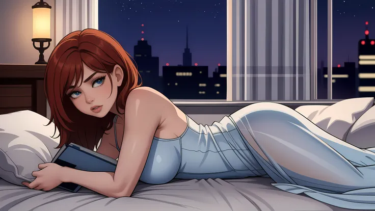 "A young woman with short auburn hair lies on her stomach on a luxurious bed, surrounded by a softly lit, warm-toned room at dusk. She wears a delicate, light blue satin mini slip dress with lace details, which softly contours to her relaxed form. Her blue...