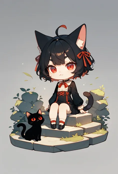 score_9, score_8_up, score_7_up, score_6_up, score_5_up, score_4_up, chibi style, (cat), 1black cat, red eyes, cat eyes, red ribbon, sitting on stone steps, simple background