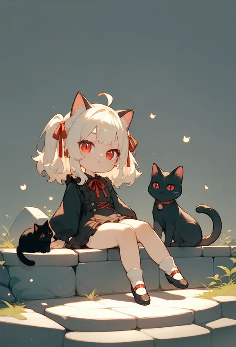 score_9, score_8_up, score_7_up, score_6_up, score_5_up, score_4_up, chibi style, (cat), 1black cat, red eyes, cat eyes, red ribbon, sitting on stone steps, simple background