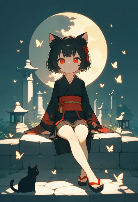 score_9, score_8_up, score_7_up, score_6_up, score_5_up, score_4_up, source_anime, (anime), chibi style, 1cat, black cat, black hair, red eyes, cat eyes, kimono, sitting on stone steps, 1stone lamp, [[small glowing butterflies]], simple staring background