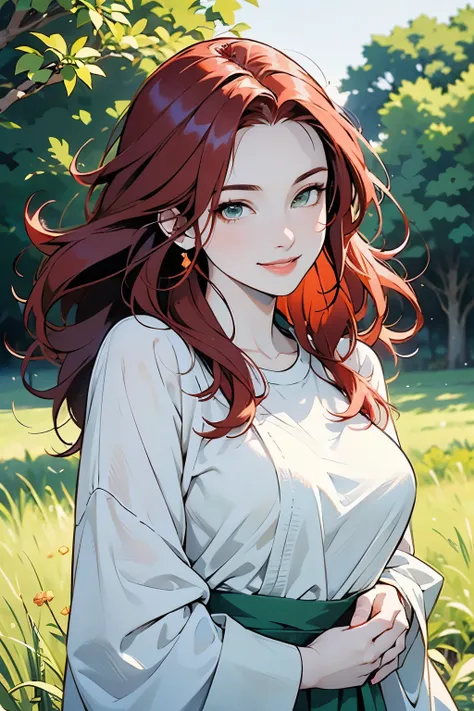 a charming young woman with long, flowing red hair, fair pale skin, and emerald green eyes, wearing simple village clothing. she...