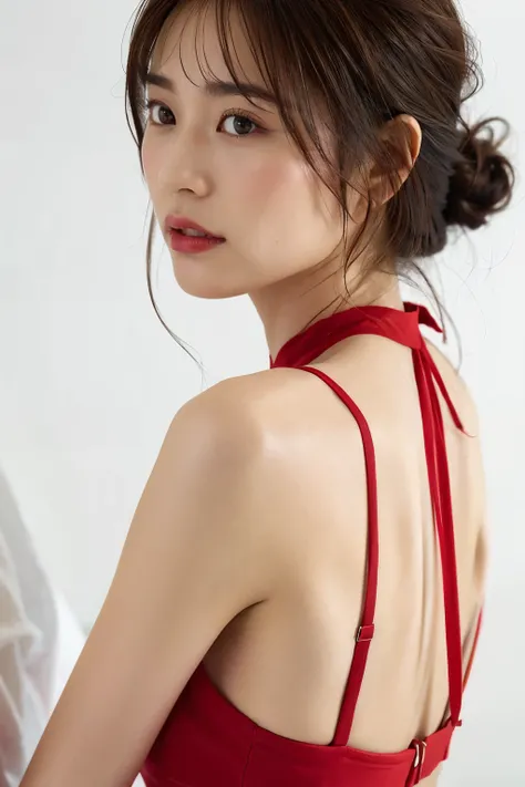 Top quality, one beautiful woman, wearing red halter neck bra, 35mm lens, f/1, from behind, Looking Side Glance,(white background: 1.3), flat chest, on bed