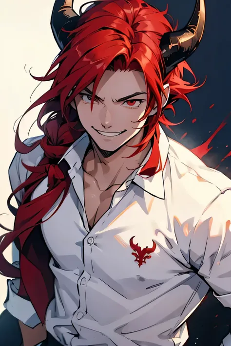 man, red hair, demon, strong, smile, white shirt, bedroom background, horns, anime style