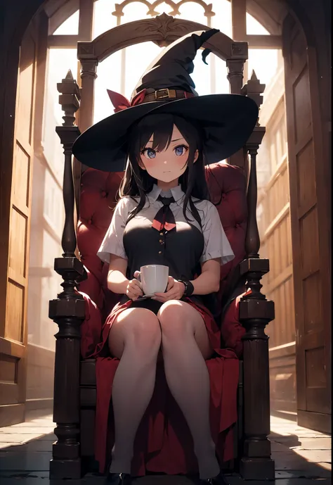 1girl, beautiful mature female, masterpiece, mistress, goddess, witch hat, sitting on a big sinister throne, dark evil throne room, mysterious medieval castle, aura of darkness, beautiful lighting and shadows,