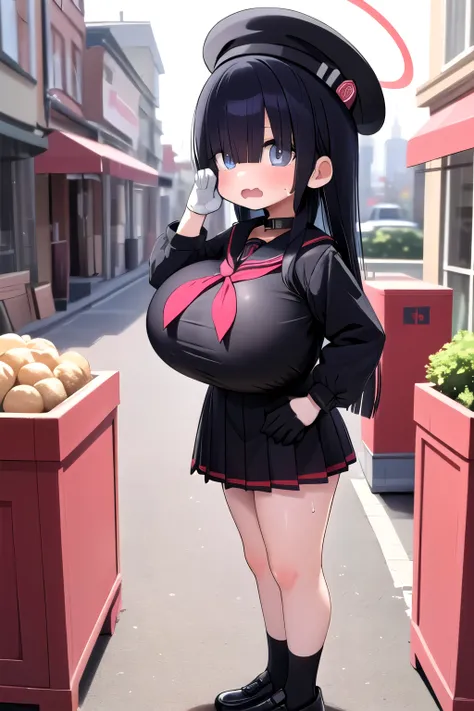  a very young girl ， short stature ， toddler figure ，Translator，halo，Hair in the eyes，Black Hair，Long Hair，beret， BLACK SAILOR SUIT ， Black Shirt ， long sleeve ， black miniskirt，Pet Collars， black gloves ，Black socks，black shoes，Outdoor，cityscape，sweat，Wav...