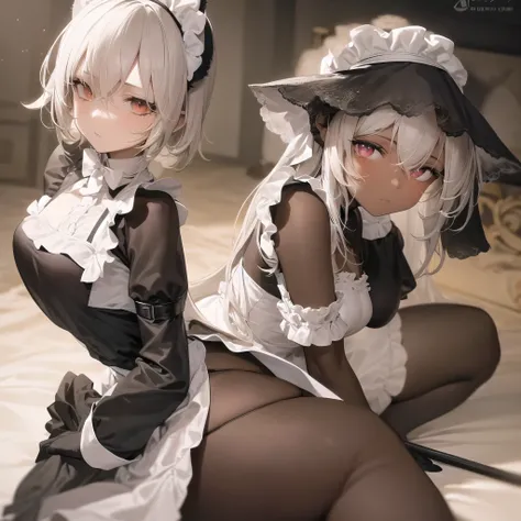 anime,chocolate dark-skinned female,cat ears wearing a maid outfit, Eye color is amber ,Background inside the mansion,The composition is stylish. A close-up, low-angle view of a young maid kneeling on the floor, looking directly into the camera with a soft...