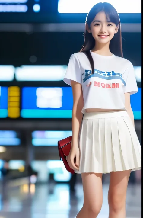 (masterpiece, highest quality:1.2), ((big chest:1.2)), 8k, ((white plain t-shirt:1.2)), ((full body:1.2)). ((Beautiful legs:1.2)),  ((white pleated mini skirt:1.2)), 85mm,Official AR RAW Photos, Super slim slender beautiful girl, big breasts, ((Cute Face:1...