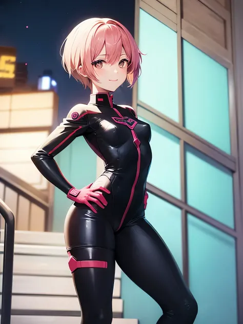 An anime-style girl looks back at us as she climbs the emergency stairs of a building at night.

One girl has straight short bob Hair, pink hair and brown eyes, a little short,Her legs and waist are so slim, and she stares out with a carefree smile,No earr...