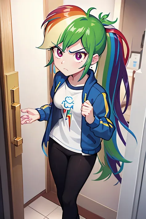 front_view_masterpiece_1girl_with_long_rainbow_hair_ponytail_purple_eyes_c_cup_unbutton_blue_jacket_tight_white_shirt_black_pants_blue_shoes_facing_viewer_in_hallway_bathroom_peeking_out_angry_holding_the_door