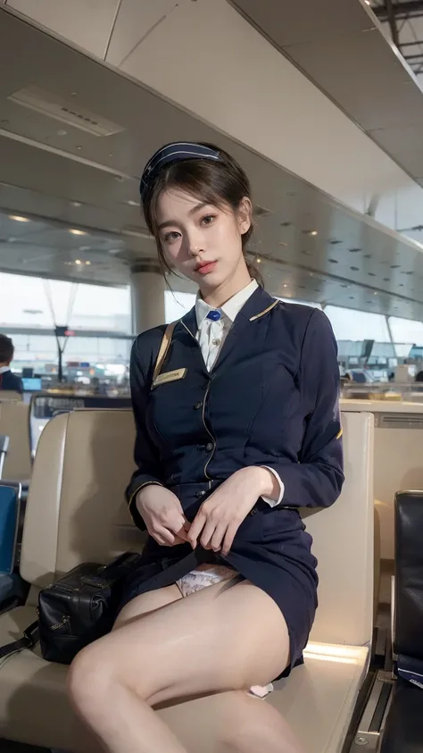 (8k, best quality, masterpiece), (((stewardess, flight attendant uniform))), (Japanese beautiful woman, glamorous body ), (airport:1.5),showing panties,スカートからパンティが見える,