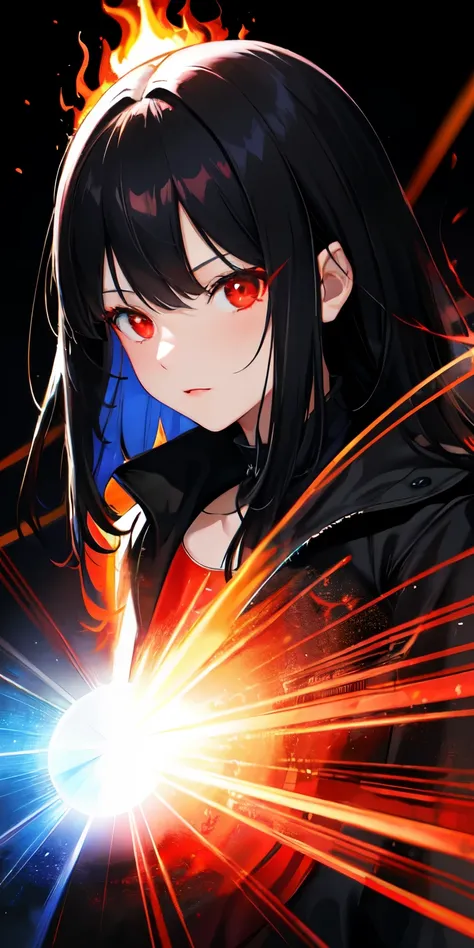 1 ,  black hair ,  red eyes, fire witch, blood,  Light particles , rays of light, wallpaper,  high contrast, colorful,