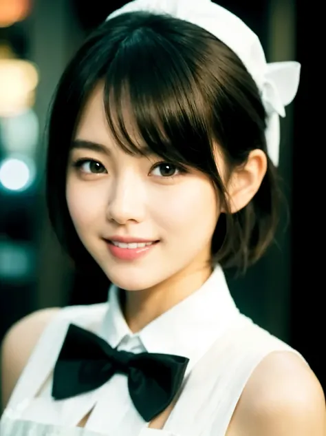 Cute 2 Japanese、apron, Black bow tie、Waiter、Cafe、Super detailed face、Pay attention to the details、Double eyelids、Beautiful thin nose、Sharp focus:1.2、Beautiful woman:1.4、(Light Brown Hair,Short Hair、),Pure white skin、Best Quality、masterpiece、Ultra-high reso...