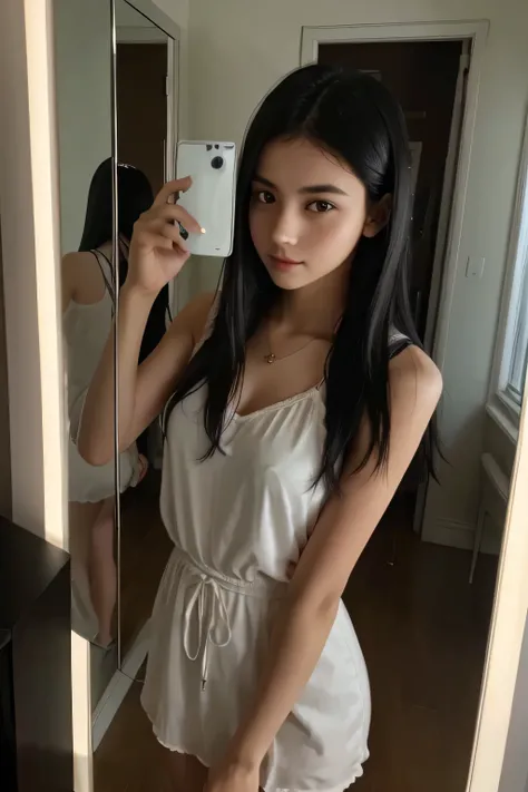 19 years girl, black hair, realistic , in front of mirror , capture with mirror, clear, no errors , sharp photo, no finger error, with apple pone