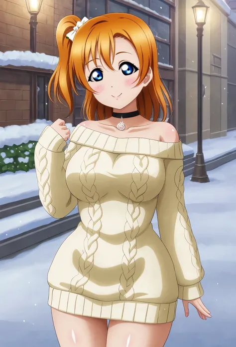 Masterpiece, best quality,(detailed face), shiny skin, orange hair,kousaka honoka love live, blue eyes,curvy body, wide hips ,big breasts, slim fit body , wearing an oversized off-the-shoulder white cable-knit sweater dress that hugs her body and highlight...
