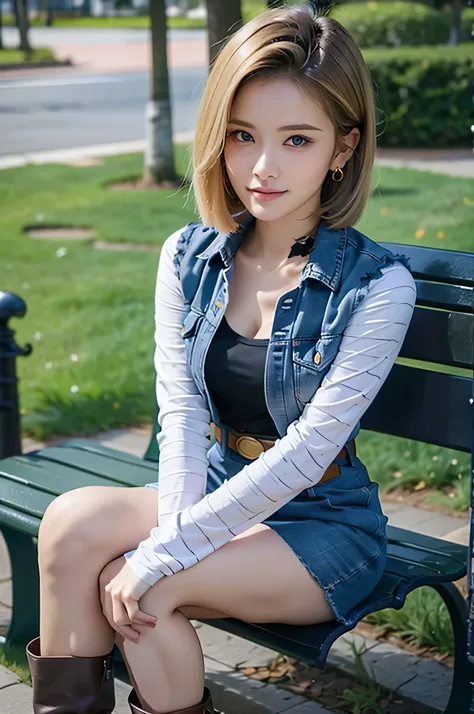 Android 18, Light Blonde hair, Medium Bob hair, Blue eyes, Wearing earrings, Long sleeves, Light blue denim mini skirt, Light blue mini denim vest, Black T-shirt with high cleavage, Big breasts, Belt, Dark brown see-through pantyhose, Western short boots, ...