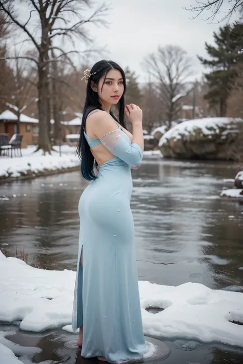 ((best quality)), ((masterpiece)), (detailed),Create a realistic full-body portrait of a Japanese woman with icy blue highlights in her long black hair, soft blue eyes, and a curvy, elegant build, cosplaying as Elsa. She’s wearing a shimmering, light-blue ...