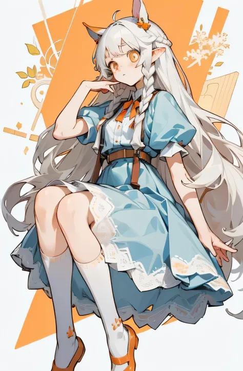 Finger Ear ，two legs（princess hairstyle）， with long hair on the side ， White knee socks， Lace suspenders ， White hair orange eyes ，Do not have hands 