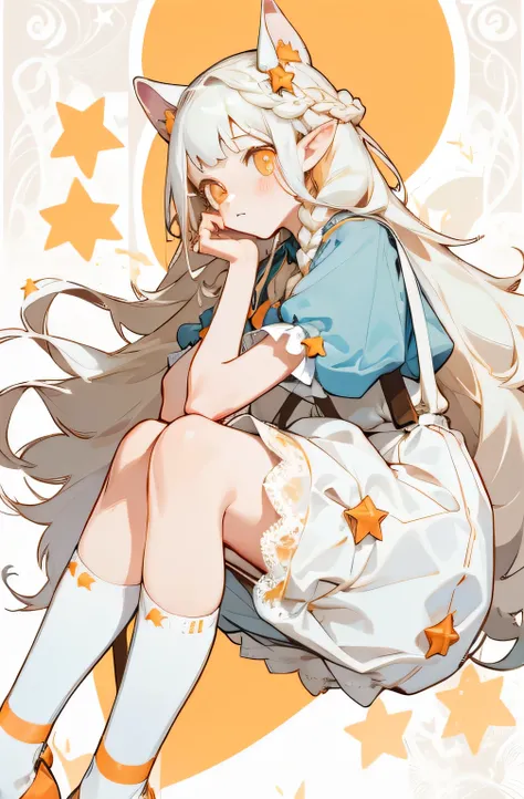 Finger Ear  ，two legs（princess hairstyle）， with long hair on the side ， White knee socks， Lace suspenders ， White hair orange eyes ，Star Accessories ，Do not have hands 