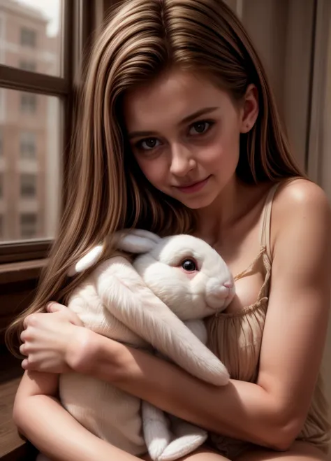 cute girl, beautiful girl, adorable girl, stuffed bunny, white stuffed bunny, soft stuffed bunny, girl hugging stuffed bunny, gi...