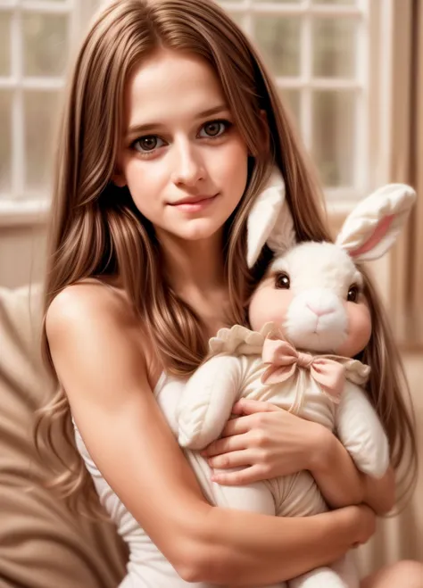 cute girl, beautiful girl, adorable girl, stuffed bunny, white stuffed bunny, soft stuffed bunny, girl hugging stuffed bunny, gi...