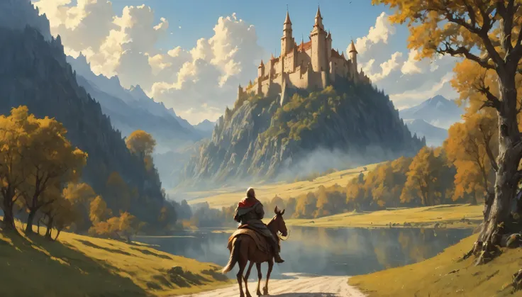 Image with many details, in the world of adventure and fantasy, beautiful landscape, harmonious nature, the figure of a medieval adventurer (viewing angle from behind) wearing a cloak, carrying a travelers bag and a small wooden crucifix as accessories, is...