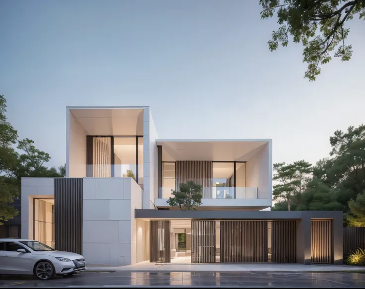 RAW photo, Exterior of two story white modern house, road, ((sidewalk)), ((sidewalk trees)), residences area, dawn time, overcast, fog, tropical trees and plants, (high detailed:1.2), 8k uhd, dslr, soft lighting, high quality, film grain, Fujifilm XT3, (sh...