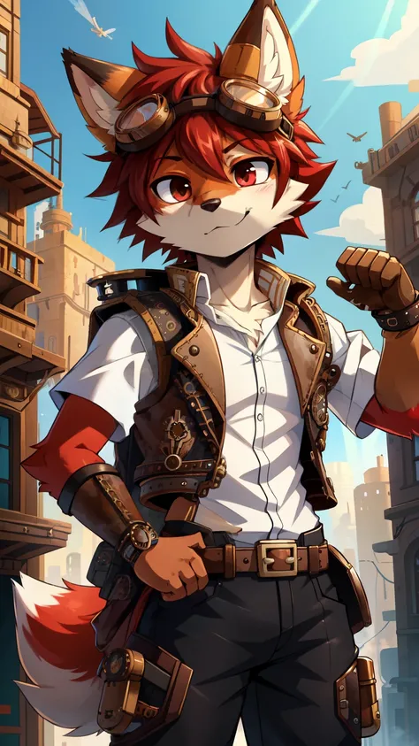 score_9,score_8_up,score_7_up, source_cartoon, source_furry, Furry shota, fox, two tone body fur, red body fur, white body fur, messy hair, deep red hair, ((steampunk goggles, steampunk white shirt, steampunk brown vest, steampunk black pants, Jetpack on b...