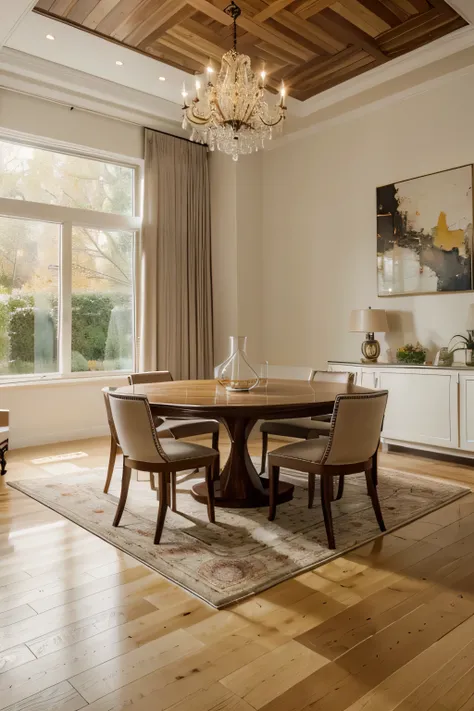 "A sophisticated dining room with a long, polished wooden table at the center, surrounded by comfortable chairs upholstered in soft neutral tones. The room is illuminated by a modern chandelier hanging above, casting a warm glow. The walls feature tasteful...