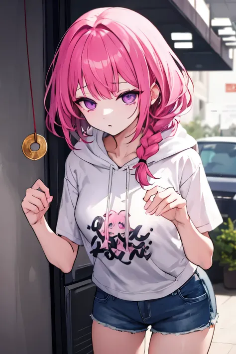 a girl with short, braided pink hair. she has purple eyes that are glazed over and dim. she is being hypnotized by a coin on a s...