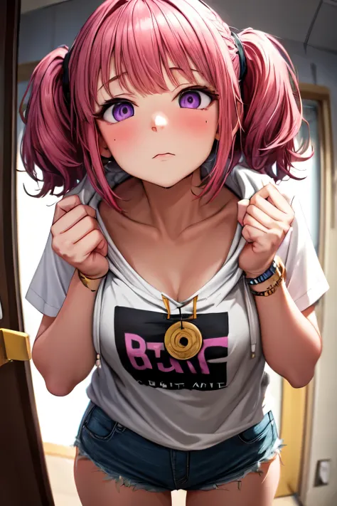 a girl with short, braided pink hair. she has purple eyes that are glazed over and dim. she is being hypnotized by a coin on a s...