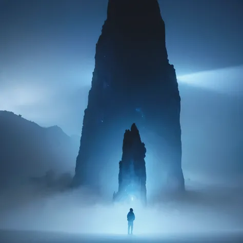 comic style picture of lonely person standing in the fog, dark and blue colours, personol is small, barely visible, person on photo is small compare to rest, golden ratio