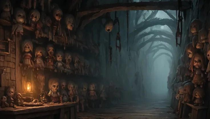 fog, horror,   ominous atmosphere , dolls are hanging on the walls, Fantasy Tavern