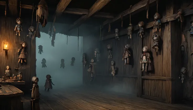 fog, horror,   ominous atmosphere , dolls are hanging on the walls, Fantasy Tavern