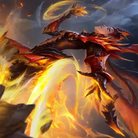 a close up of a person on a fire flying through the air, flame conjuring armored, fire demon, dragon knight, splash art, with fiery golden wings of flame, fire elemental, by Yang J, flame conjuring, fire dragon, flames around body, fire flaming dragon serp...