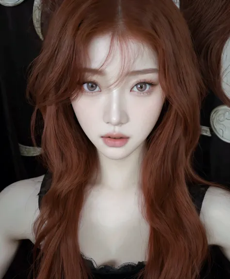 a close up of a woman with long red hair and brown eyes, winter of aespa, Giselle of aespa, roseanne park of blackpink, pale porcelain white skin