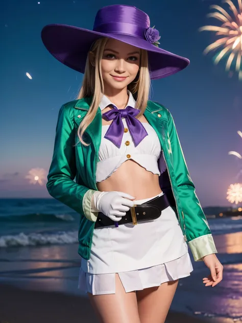 masterpiece, best quality, musse egret, purple hat, hairclip, green ribbon, purple jacket, white gloves, belt, purple miniskirt, upper body, blushing, smile, looking at viewer, beach, night, moon, fireworks, hands to chest