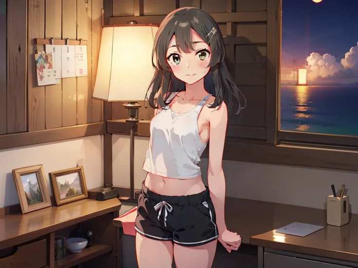 oyashiokc,long hair, kancolle official art, konishi, hairclip , gray tank top, midriff, black dolphin shorts, (small breasts:1.2...