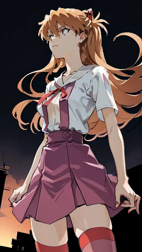 asuka from evangelion; aesthetic; bohemian; realistic; stockings; skinny fit; mini skirt; sitting cute pose; emo; staring on foreground; shinny and bright eyes; night city background; Dark fantasy ; focus on hips; goddess; solo girl