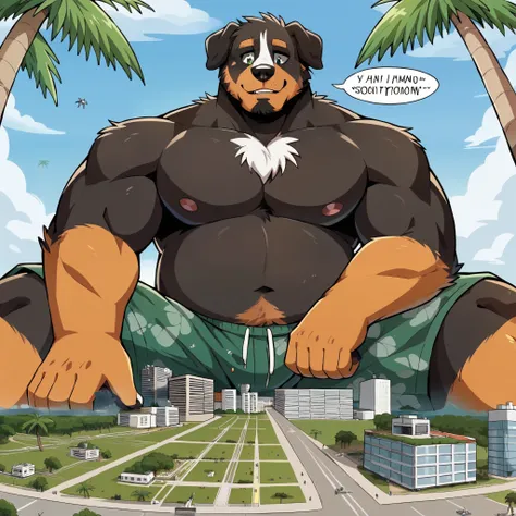 verwirrtes Bernese Mountain Dog Gesicht,Humanity  (Bernese Mountain Dog),pummelig, big belly,  Muscular arms, (  black eyebrows  :1.1),(perfect eyes)， Does a swimming trunks  ,（artist:takemoto arashi)，paw，Liegend am strand, sits in the water（  Black beard ...