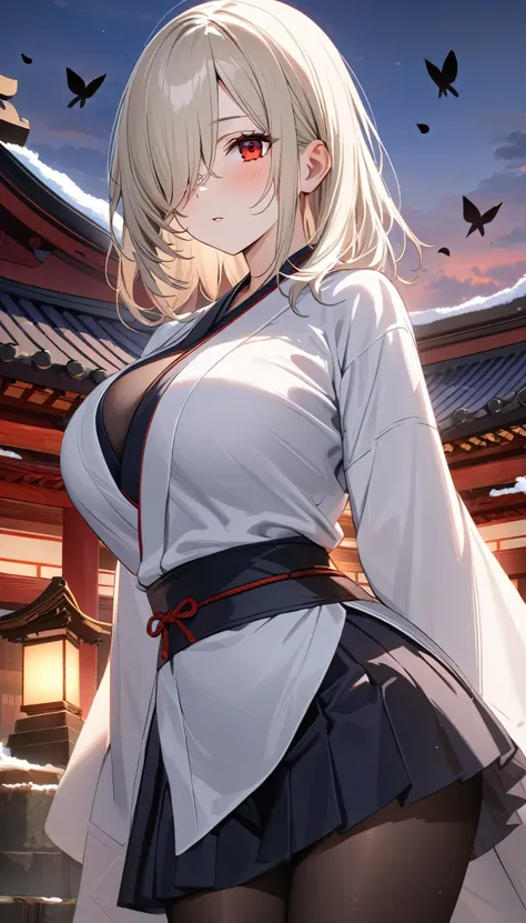 quality(8k,wallpaper of extremely detailed CG unit ,(masterpiece, Highest quality:1.2), (masterpiece, Highest quality:1.2), (1girl), alone, ((medium hair)), ((platinum blonde hair)), ((Platinum hair)) (straight hair), ((hair over face)), (hair over one eye...