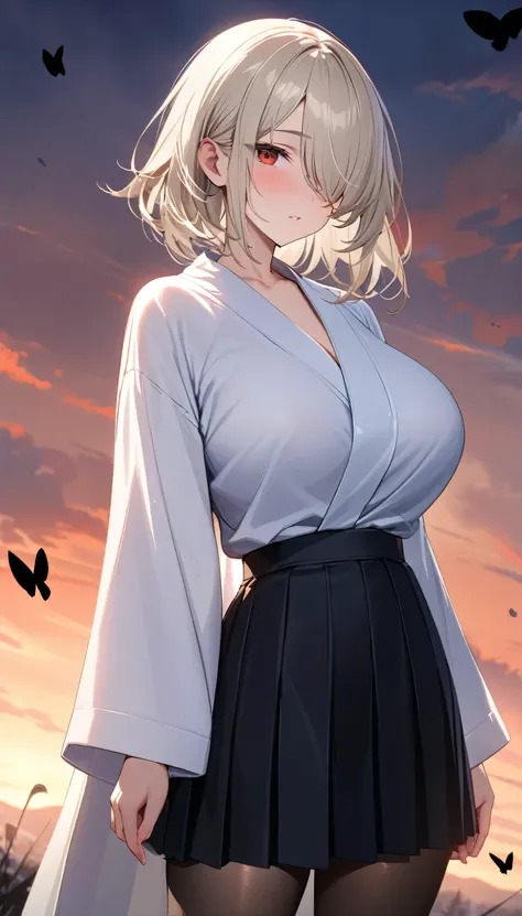 quality(8k,wallpaper of extremely detailed CG unit ,(masterpiece, Highest quality:1.2), (masterpiece, Highest quality:1.2), (1girl), alone, ((medium hair)), ((platinum blonde hair)), ((Platinum hair)) (straight hair), ((hair over face)), (hair over one eye...