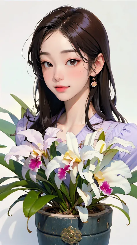 (masterpiece, highest quality:1.2), (Portrait、whole body、front)、(One Woman、A kind smile、Potted plantsのCattleyaの花を抱え持つ、)、(Cattleya, Potted plants、alone, Three Flowers, close, whole body, full bloom, )、Soft Focus、Watercolor style、Blur the background、Blank b...