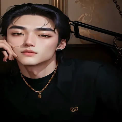  theres a man wearing a black shirt and a gold chain, old boy thin face,  Kim Taehyung, lovely Korean face , Gucci, inspired by Bian Shoumin, he is about 20 years old.