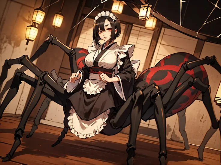 Arachne girl. Kimono. White and black costume. Costume with a spider web pattern. Maid style. Large spider legs. Short hair. Black hair. Spider eyes on the forehead. Traditional japanese andon lamp. Japan style indoors.