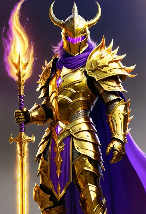 Knight in the Golden Helmet and the Golden Thorny Armor . With a purple cape holding up a flaming sword with auras of thunder 