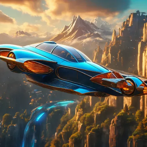 art deco flying car ,  art deco science-fiction, The background is a vast mountain 

( best quality ,4K,8k, highres icon,masterpiece:1.2),ultradetailed,(realistic, photorealistic , photorealistic :1.37),HDR,Ultra HD, studio lighting ,ultra-fine painting,sh...