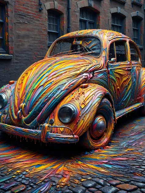 1950s classic vw beetle car covered in iridescent rainbow oil paint, parked on a cobblestone street, intricate detailed car body...